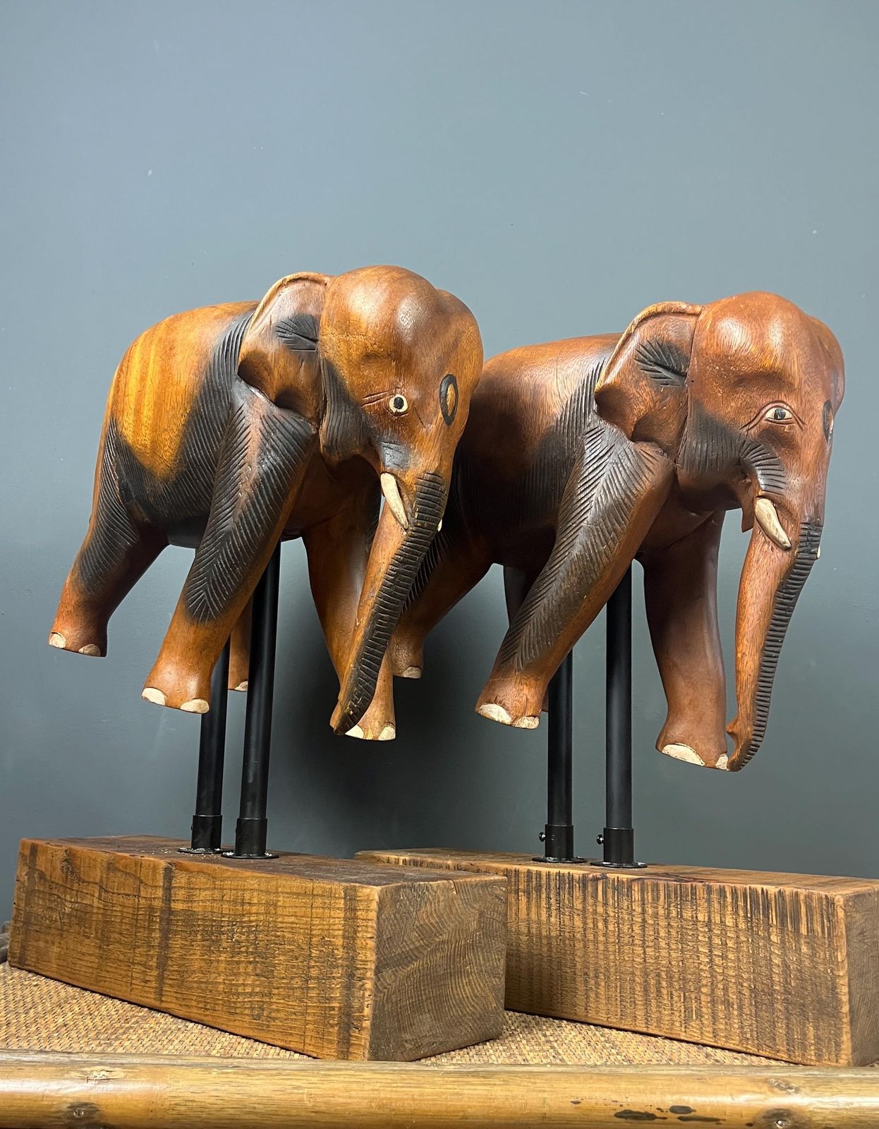 Pair Large Antique Early 20th Century Rosewood Asian Elephants On Stylish Stands photo buy