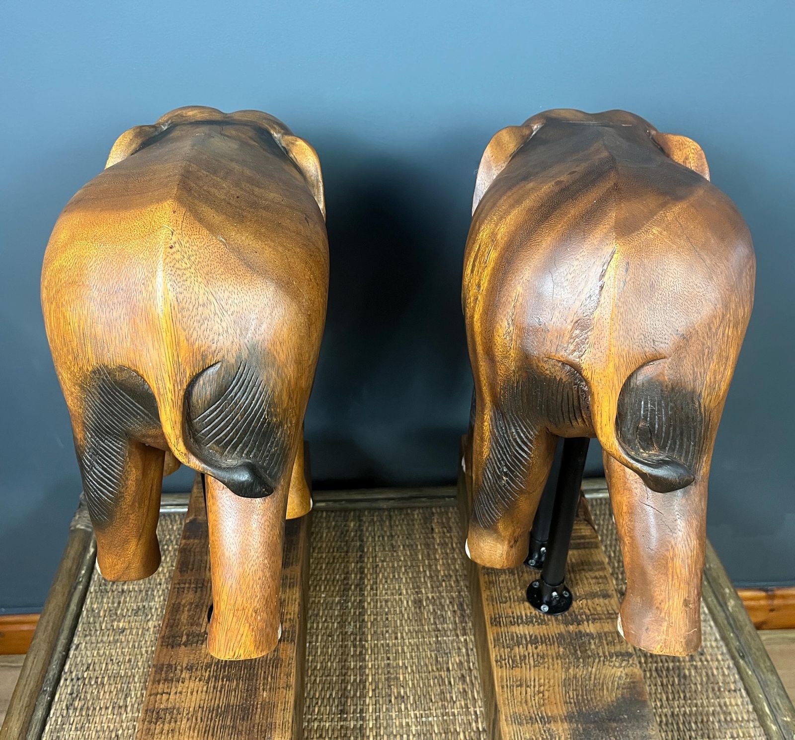 photo for sale Pair Large Antique Early 20th Century Rosewood Asian Elephants On Stylish Stands