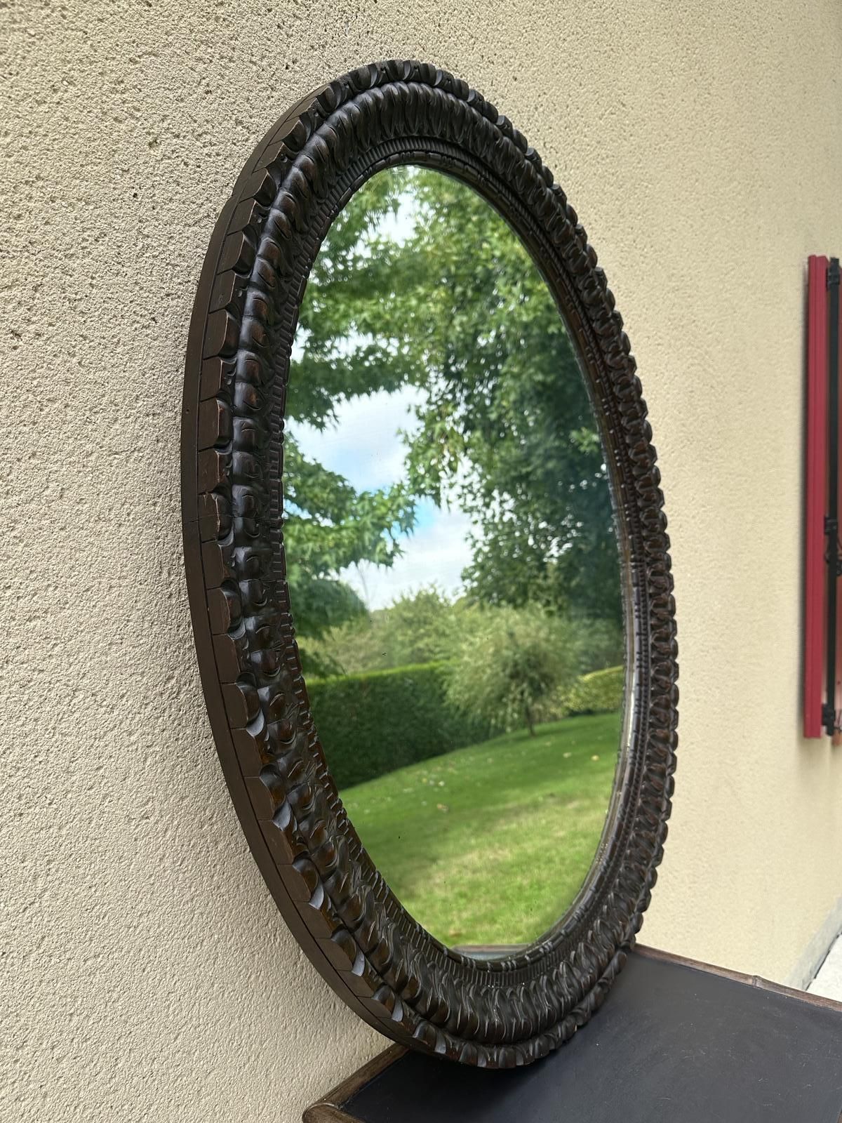 Antique French Large Carved Oval Wooden Mirror photo buy