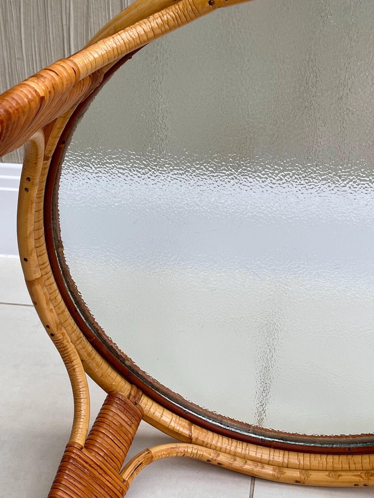 photo for sale Angraves Bamboo & Textured Glass Coffee Table — 1970s British Cane Design