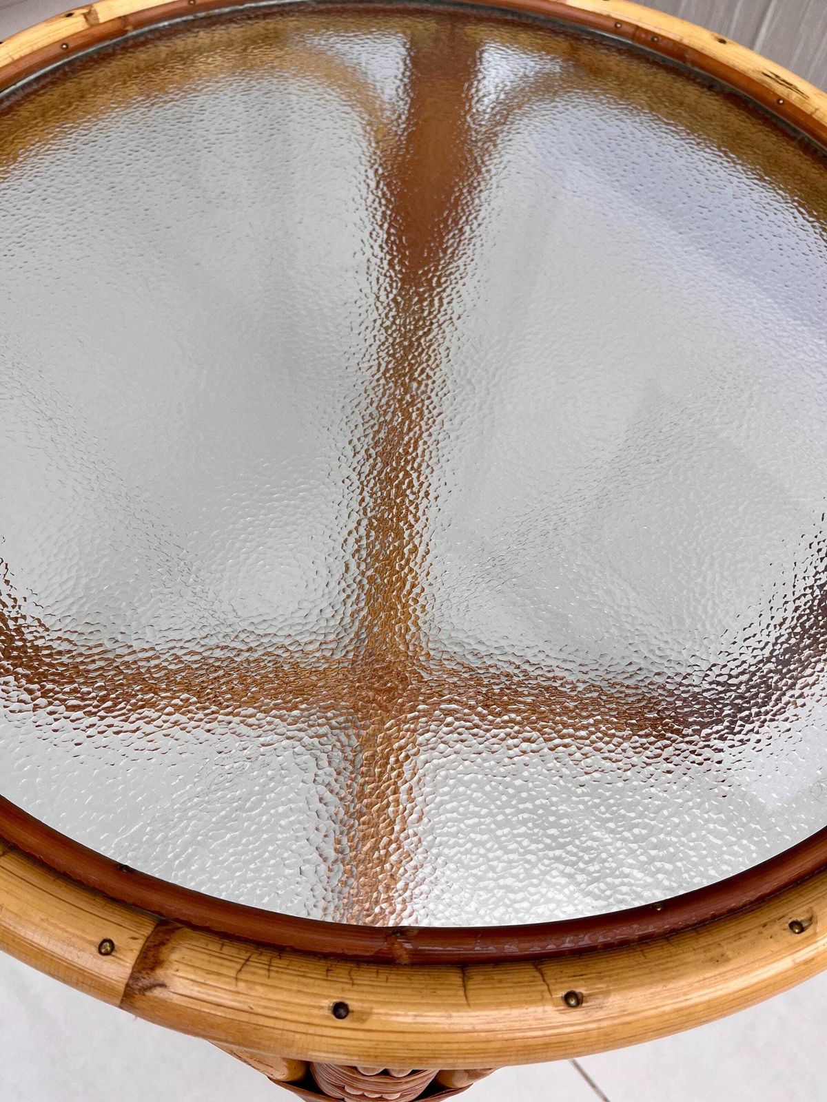 photo vinterior Angraves Bamboo & Textured Glass Coffee Table — 1970s British Cane Design