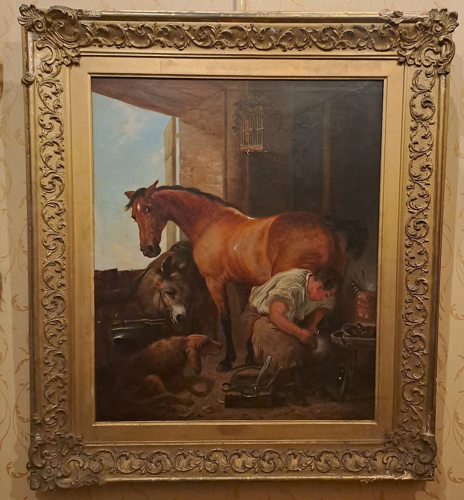 Oil Painting Of A Horse Being Shoed