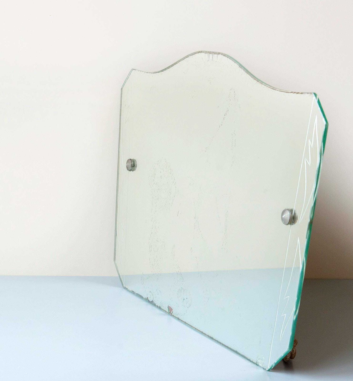 Art Deco Frameless Mirror, Antique Wall Mirror With Hanging Cord, Made In England, Etched Mirror With Facet Cut Glass photo 236.0