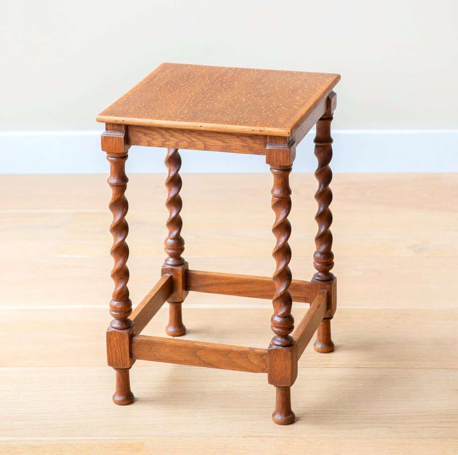 Square Barley Twist Table, Antique Side Table With Turned Legs, Hand Carved Wooden Stool, Rustic Oak Plant Stand