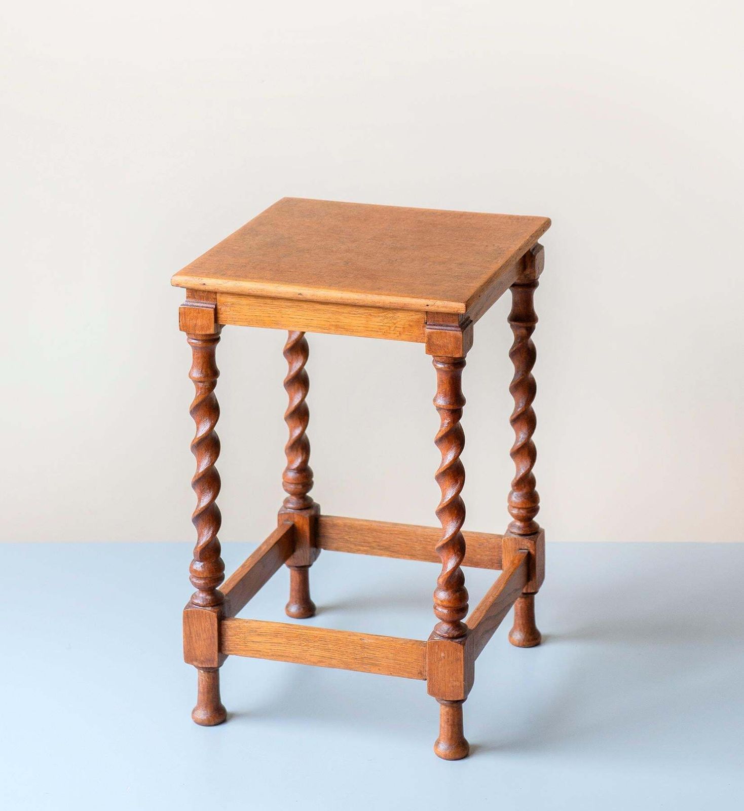 Square Barley Twist Table, Antique Side Table With Turned Legs, Hand Carved Wooden Stool, Rustic Oak Plant Stand photo for sale
