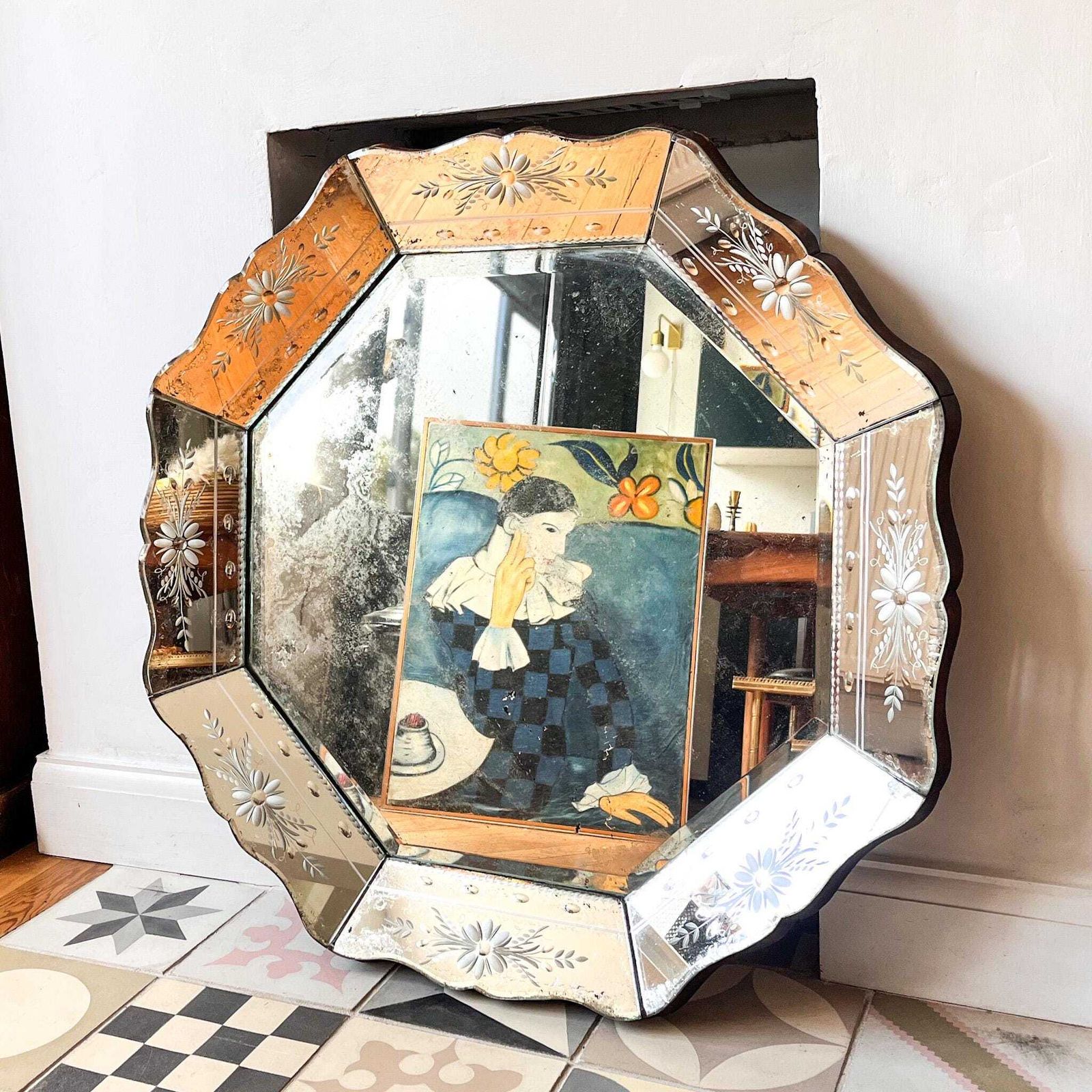 Antique French Circular Venetian Mirror With Etched Floral Design And Scalloped Edges