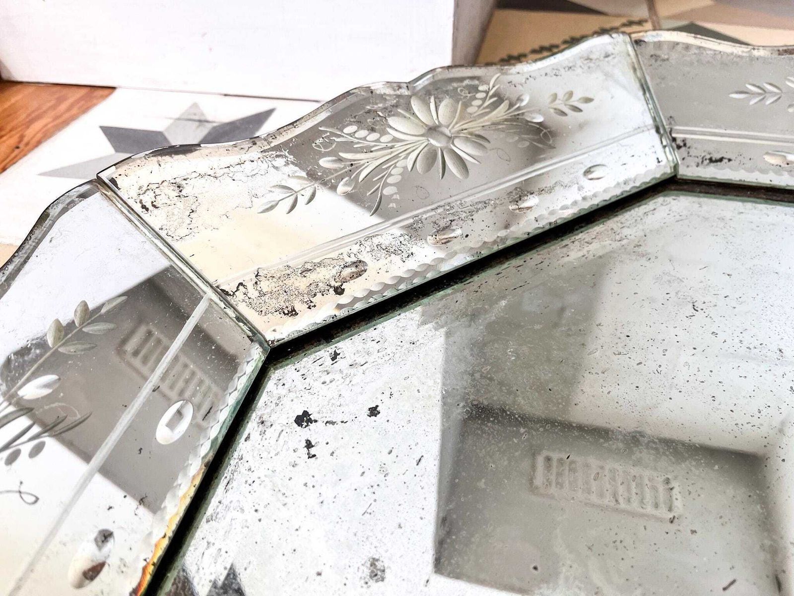 photo for sale Antique French Circular Venetian Mirror With Etched Floral Design And Scalloped Edges