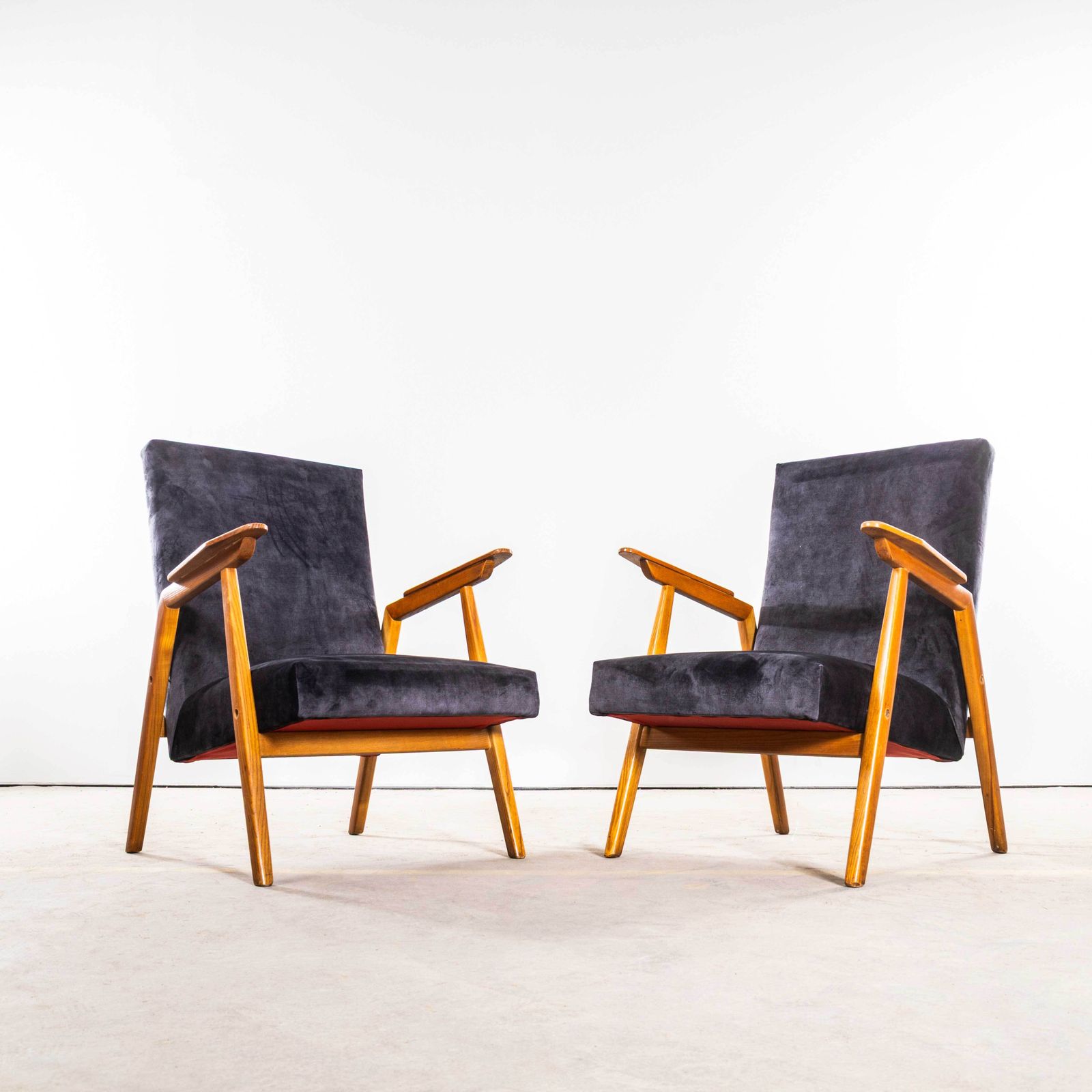 1950’s Mid Century Upholstered Grey Armchairs With Straight Arms And Top Caps