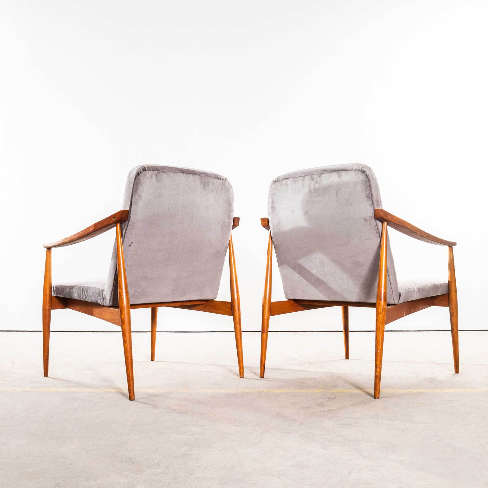 1950’s Mid Century Upholstered Light Grey Armchairs With Straight Arms And Top Caps photo Furniture
