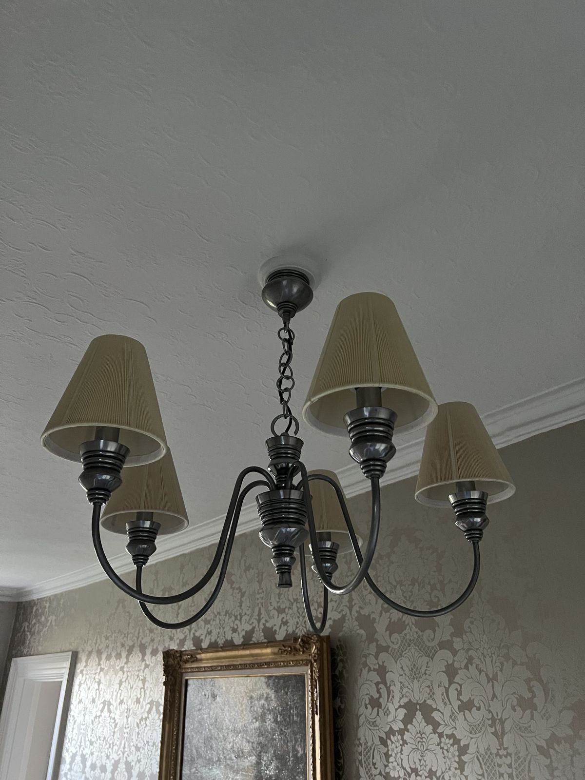 David Hunt Doreen, A Pair Of 5 Light Pewter Chandeliers With Seamist Gold String Shade