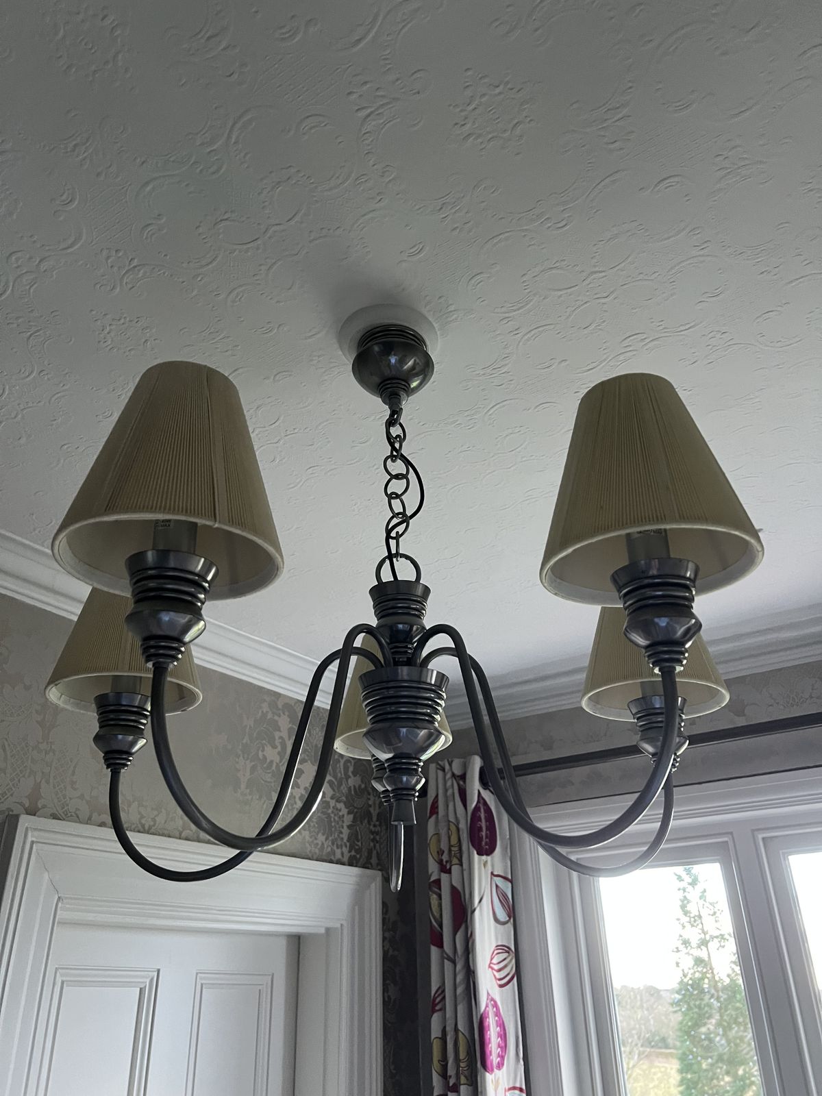David Hunt Doreen, A Pair Of 5 Light Pewter Chandeliers With Seamist Gold String Shade photo for sale