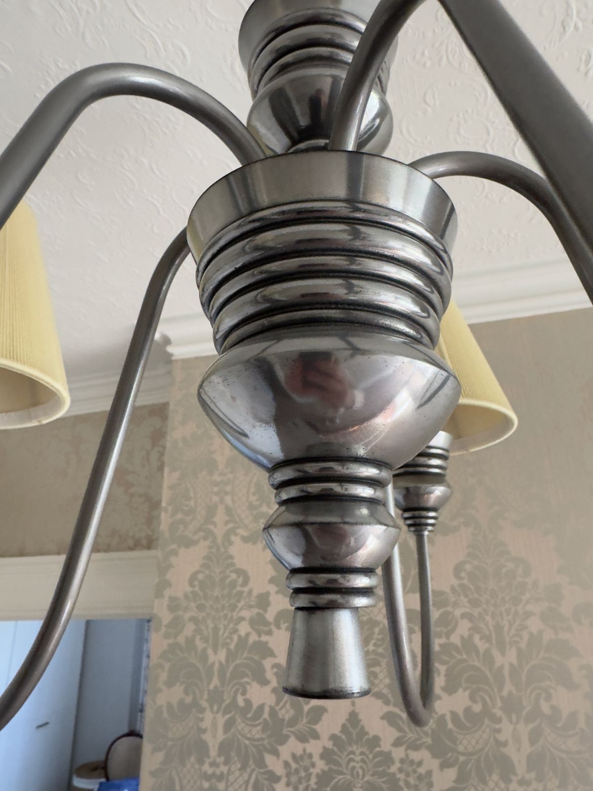 David Hunt Doreen, A Pair Of 5 Light Pewter Chandeliers With Seamist Gold String Shade photo vintage