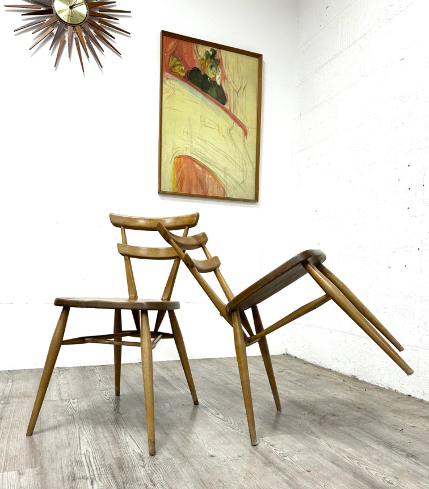 A Pair Of Ercol Model 461 “Green Dot” Adult Size Stacking Chairs 1960 photo furniture