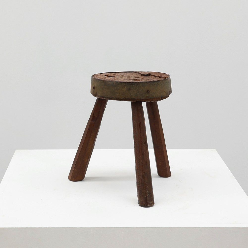 Brutalist French Oak Tripod Stool With Metal Rim, 1850s