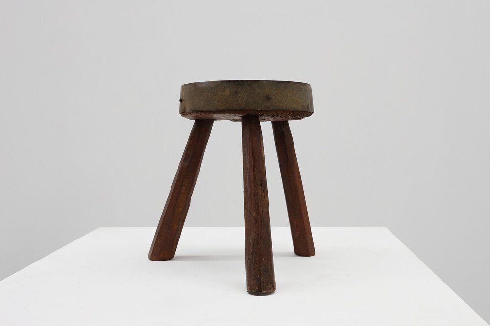 Brutalist French Oak Tripod Stool With Metal Rim, 1850s photo for sale