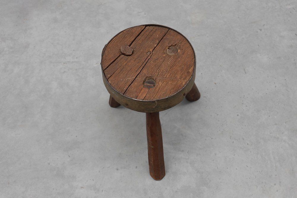 886.0 Brutalist French Oak Tripod Stool With Metal Rim, 1850s photo