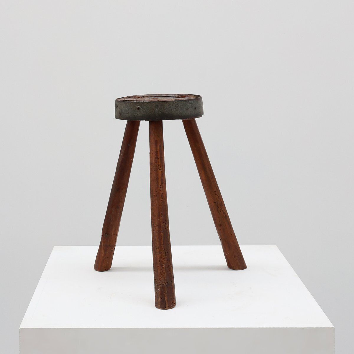 Brutalist French Oak Tripod Stool With Metal Rim, 1850s