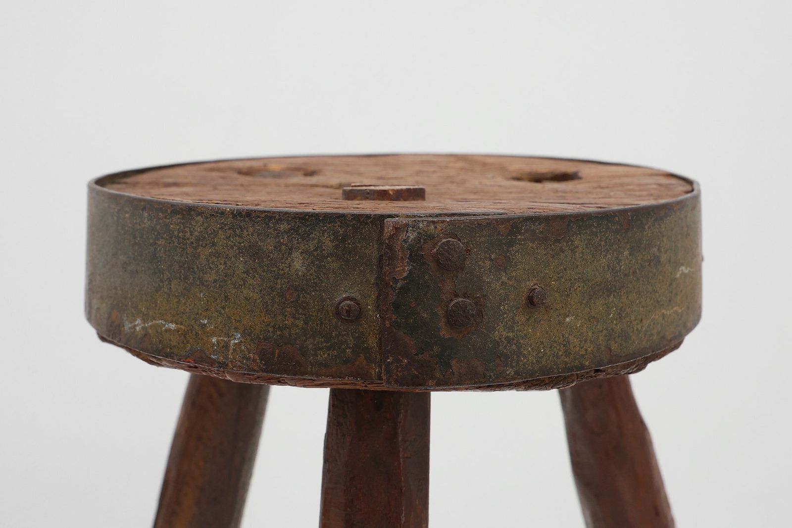 Brutalist French Oak Tripod Stool With Metal Rim, 1850s photo for sale