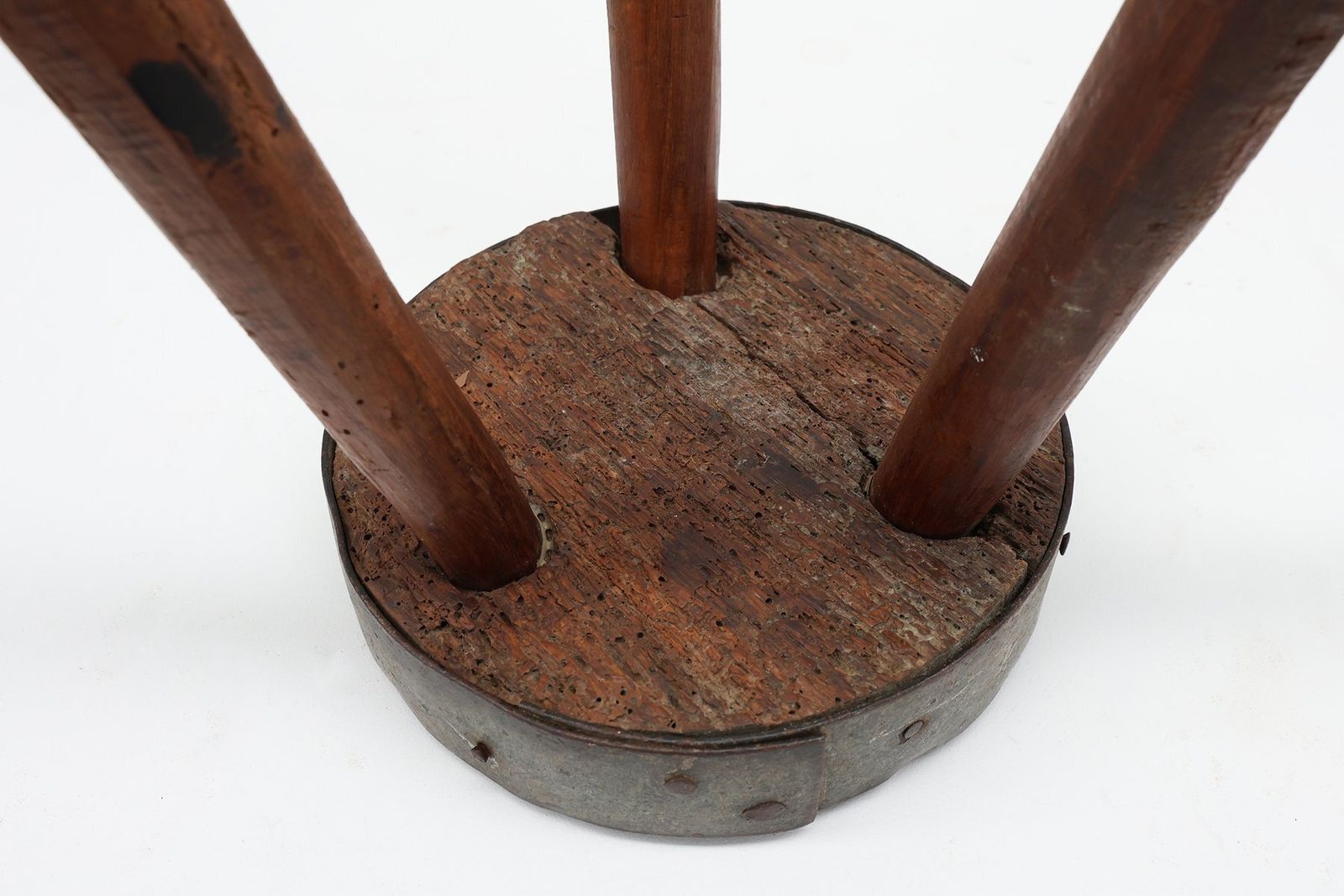 photo vinterior Brutalist French Oak Tripod Stool With Metal Rim, 1850s