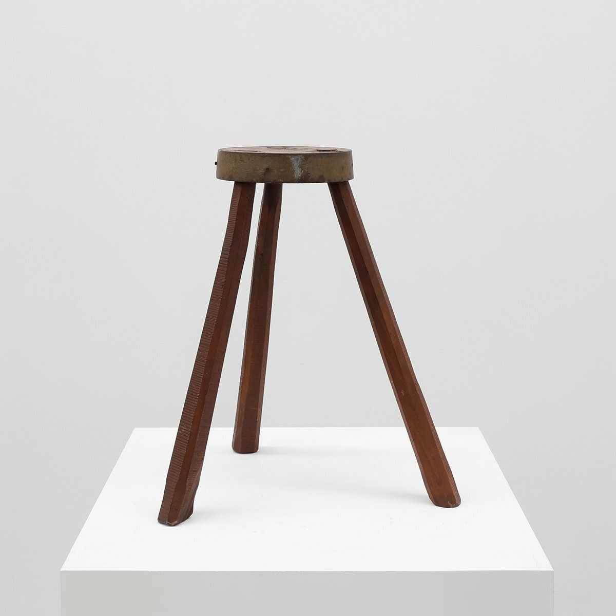 Brutalist French Oak Tripod Stool With Metal Rim, 1850s