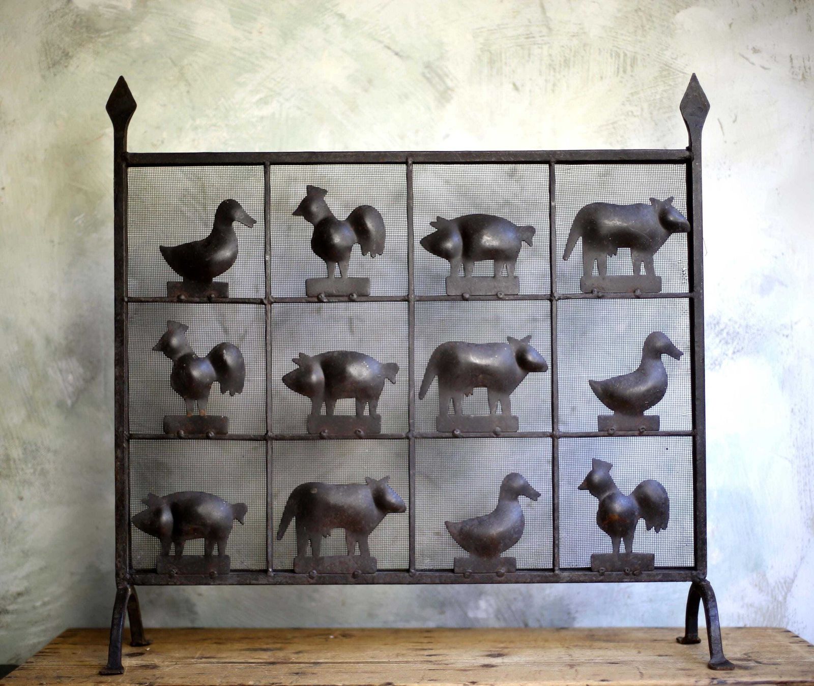 photo furniture Atelier De Marolles Animal Firescreen Jean Touret Wrought Iron Fire Guard Firewall 1950s Brutalism
