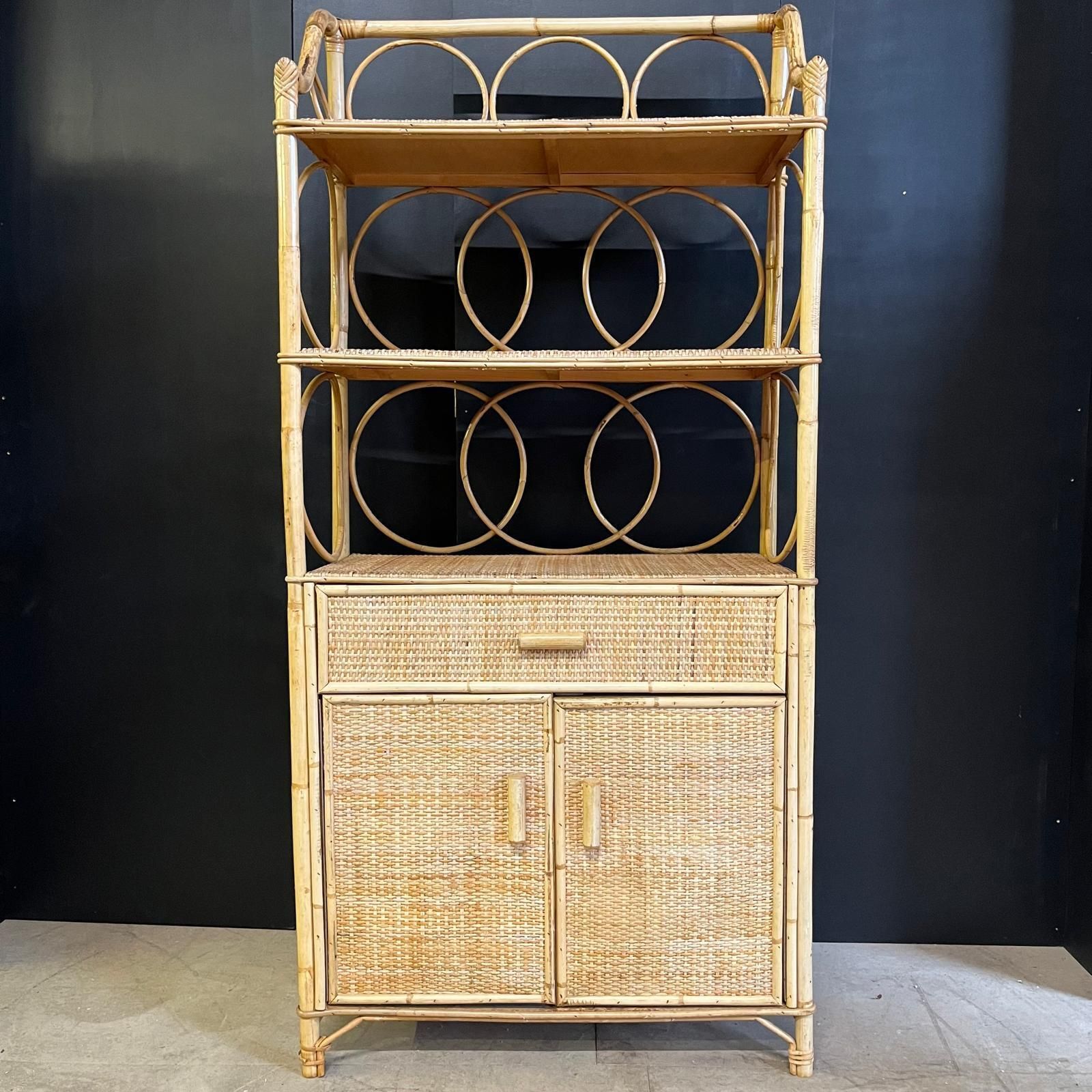Vintage Cane And Bamboo Display Cabinet With Top Shelving photo for sale