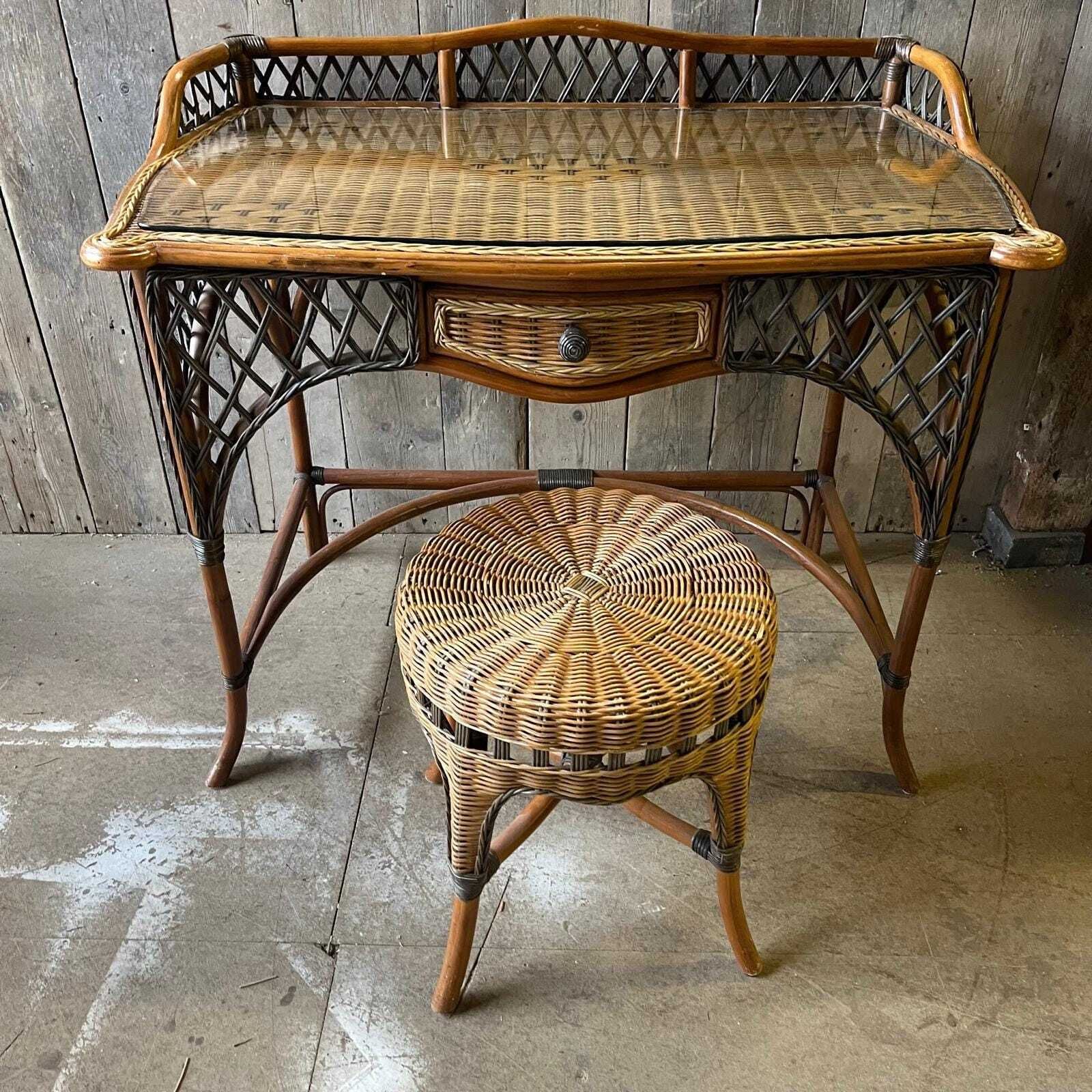 Vintage Wicker Dressing Table With Glass Top And Matching Stool photo buy