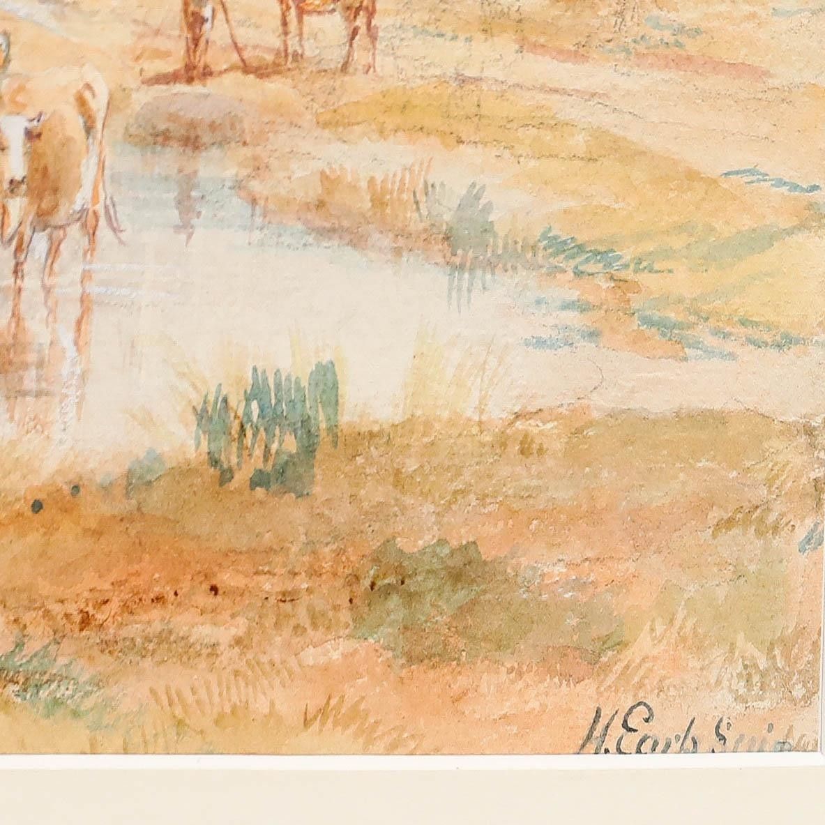Henry Earp Senior (1831 1914) Framed Watercolour, Cattle Watering photo vintage