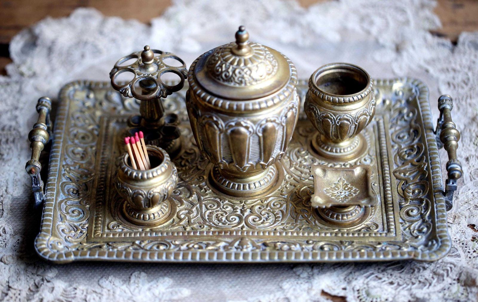 Antique Smoking Tray French Rococo Style Cigar Set Cigarette Stand Match Holder Tobacco Pot In Brass photo 241.0
