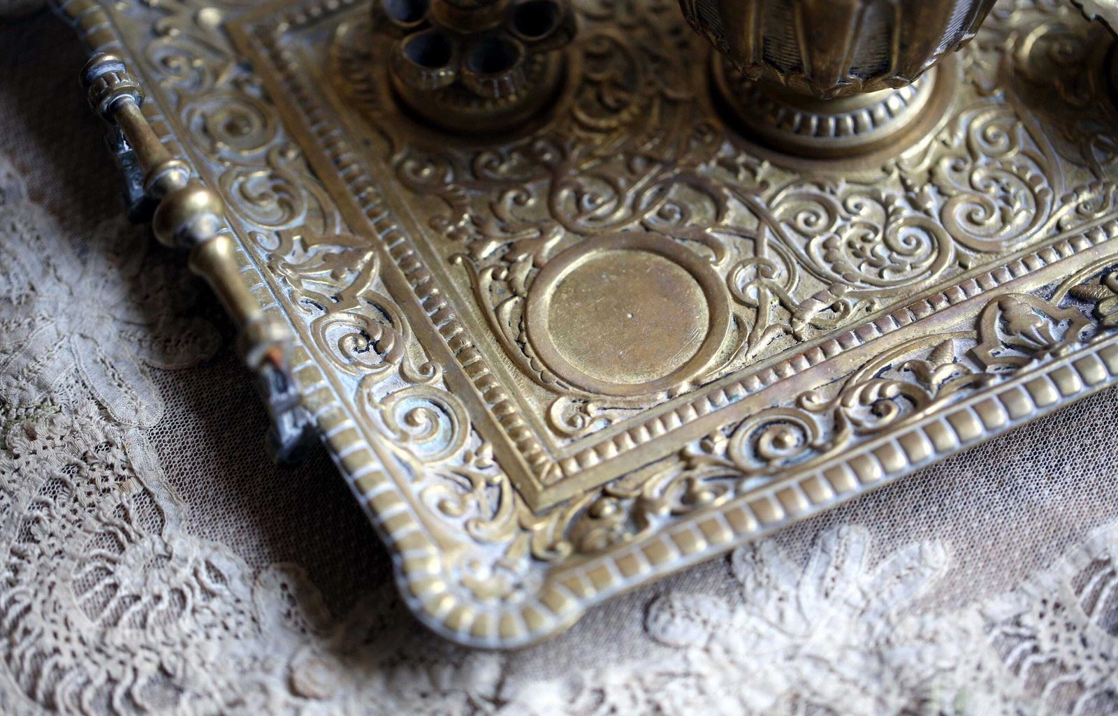 Antique Smoking Tray French Rococo Style Cigar Set Cigarette Stand Match Holder Tobacco Pot In Brass photo buy