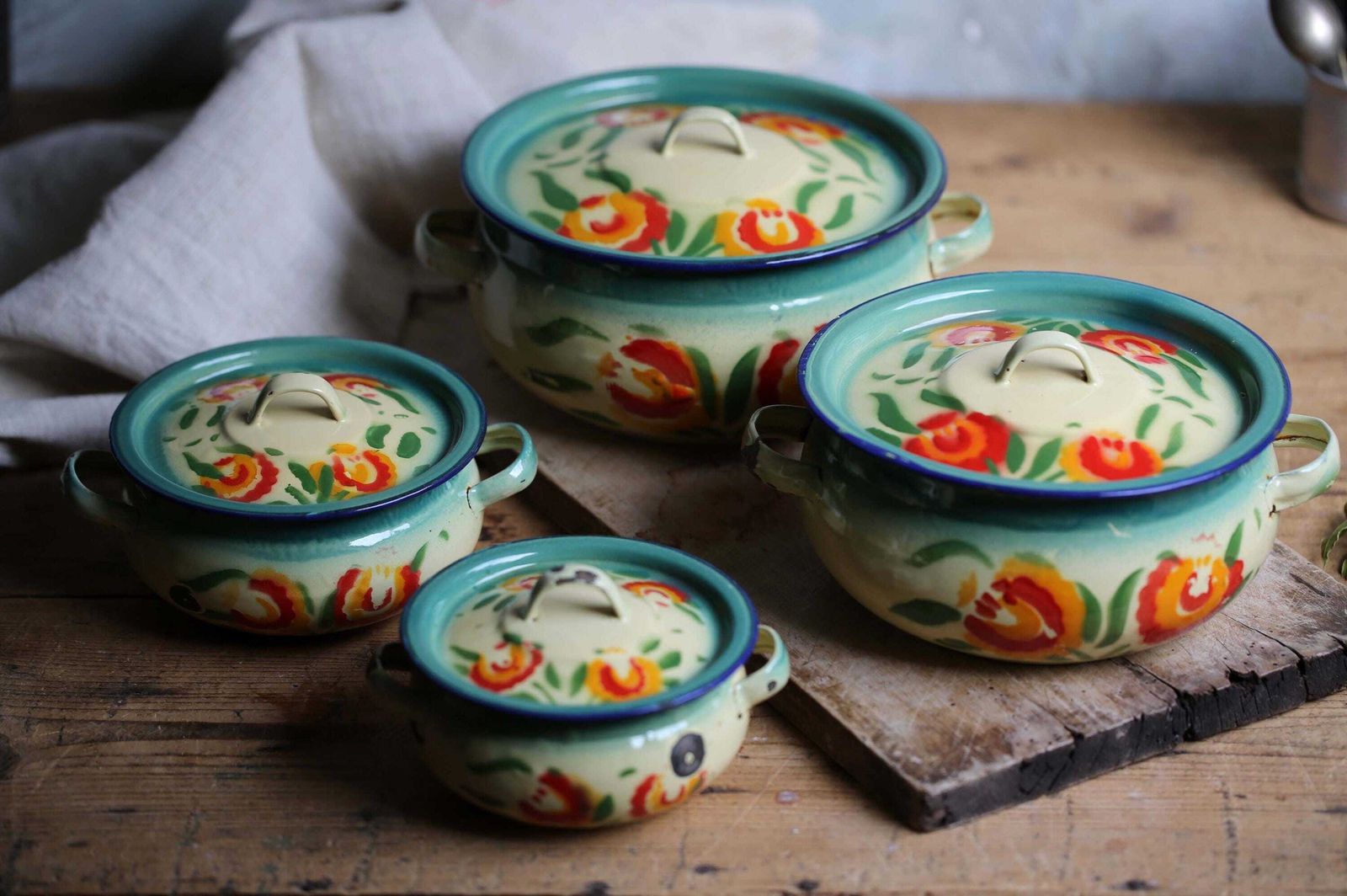 Antique French Enamelware Tureens Art Deco Floral Casserole Pans Set Of 4 photo furniture