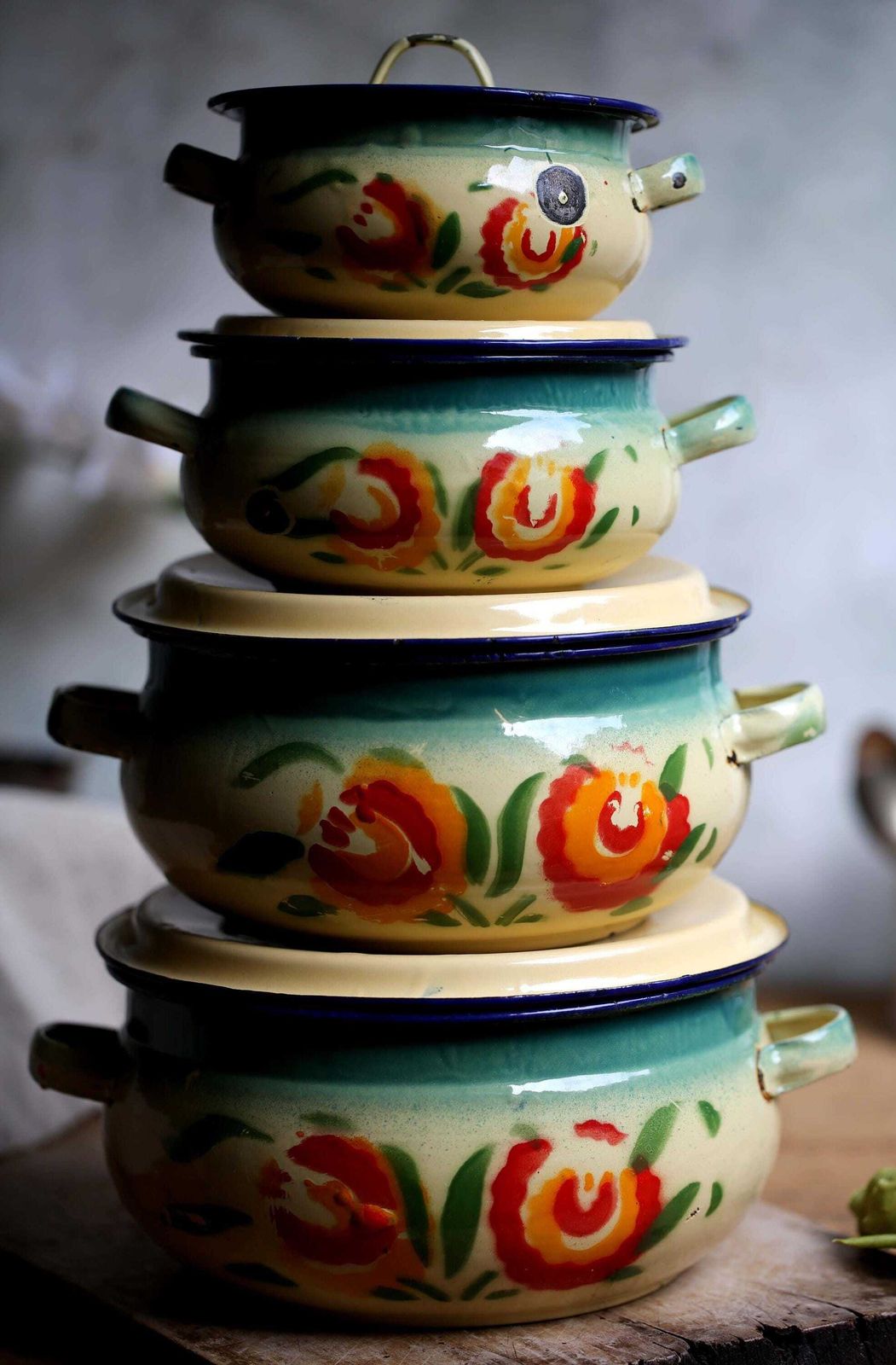 Antique French Enamelware Tureens Art Deco Floral Casserole Pans Set Of 4 photo for sale