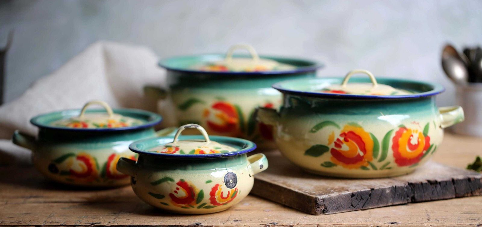 Antique French Enamelware Tureens Art Deco Floral Casserole Pans Set Of 4 photo Home Decor