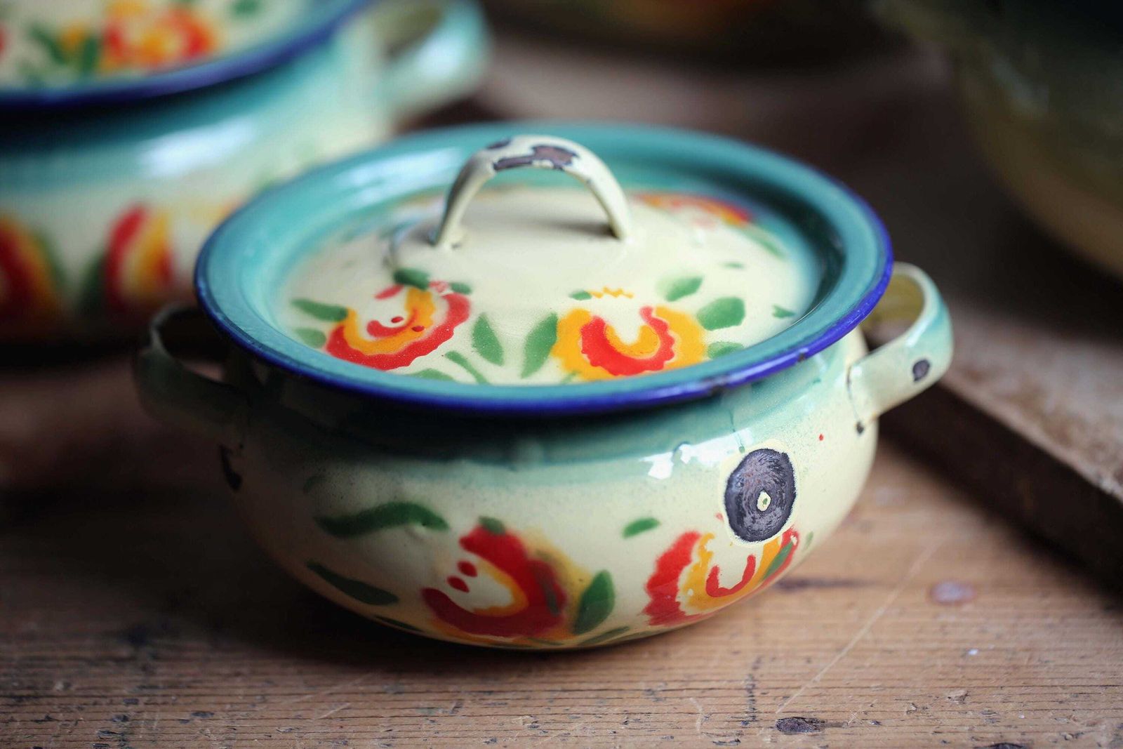Antique French Enamelware Tureens Art Deco Floral Casserole Pans Set Of 4 photo 159.0