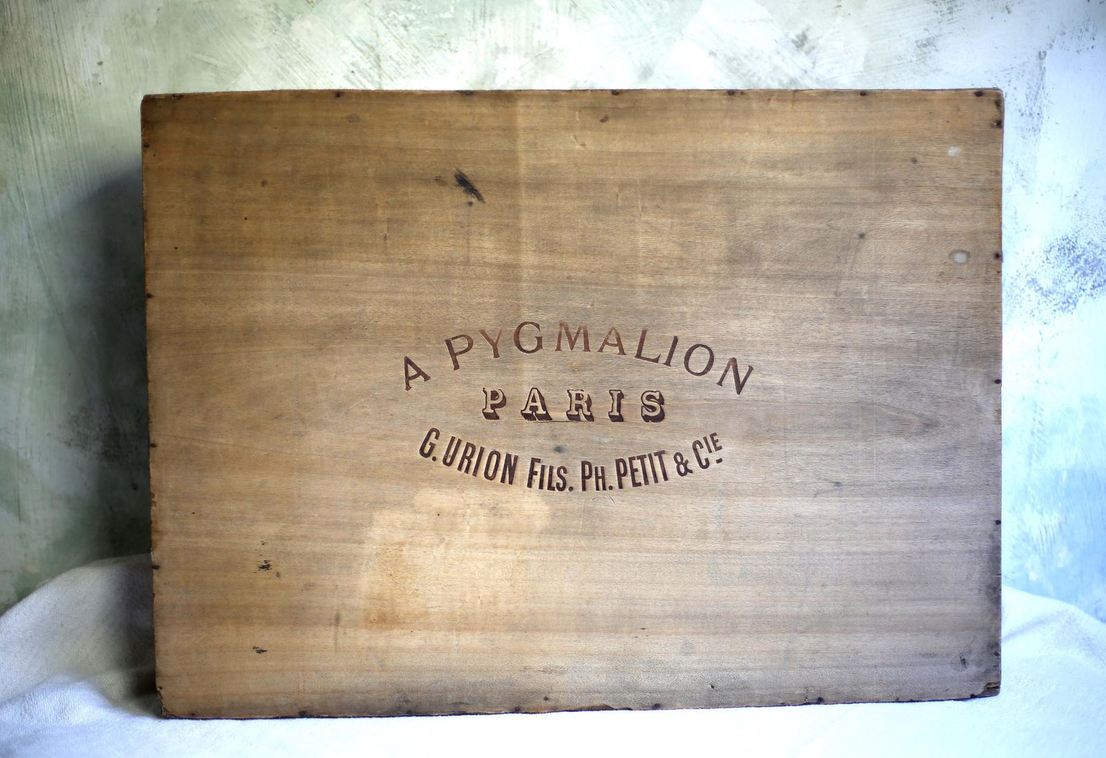 Antique Dress Box A Pygmalion Paris Store Large French Wooden Advertising Storage Box photo for sale