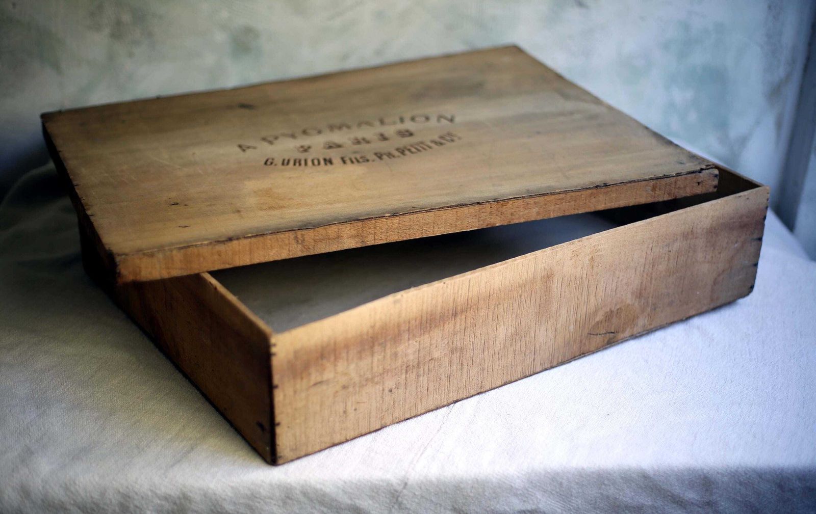 Antique Dress Box A Pygmalion Paris Store Large French Wooden Advertising Storage Box photo vintage