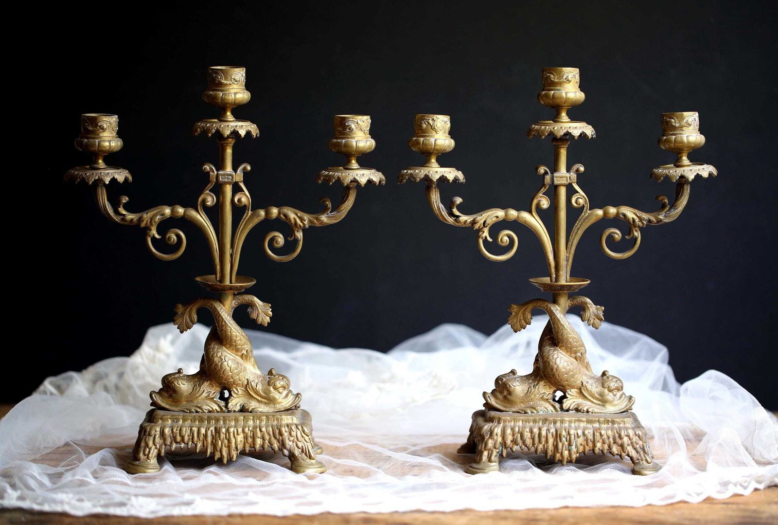 Pair Of Antique French Dolphin Candlesticks Ormolu Candelabras Gilded Bronze Candle Holders photo vinterior