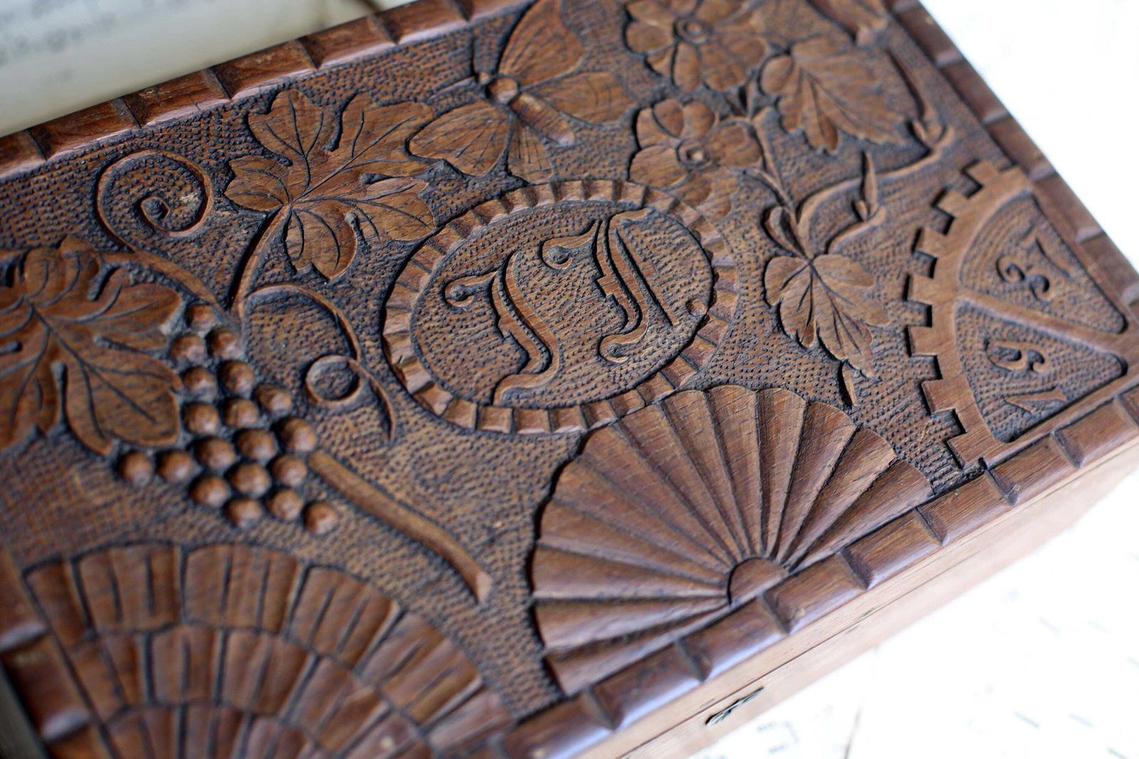 Antique French Box Carved Box Wooden Storage Case Lf Monogram 1937 Chest photo for sale