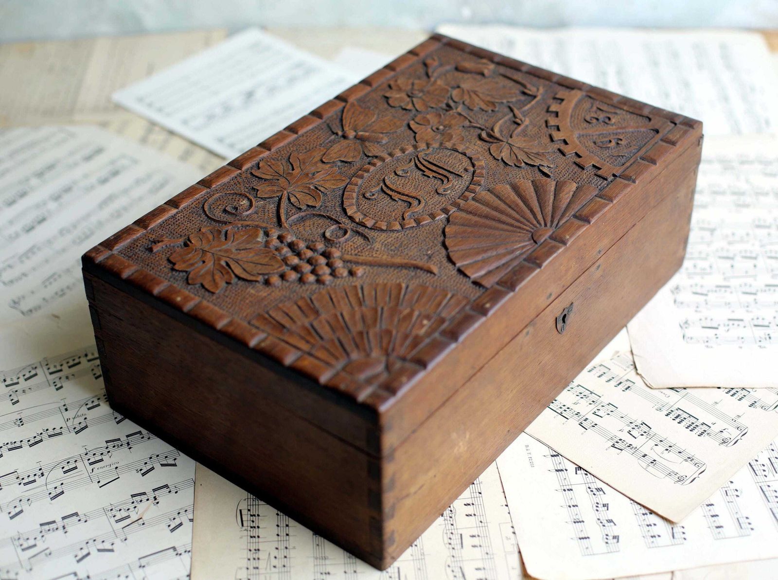 Antique French Box Carved Box Wooden Storage Case Lf Monogram 1937 Chest photo Home Decor