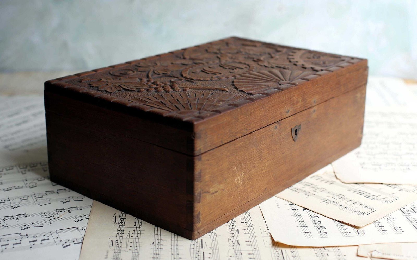 Antique French Box Carved Box Wooden Storage Case Lf Monogram 1937 Chest photo buy