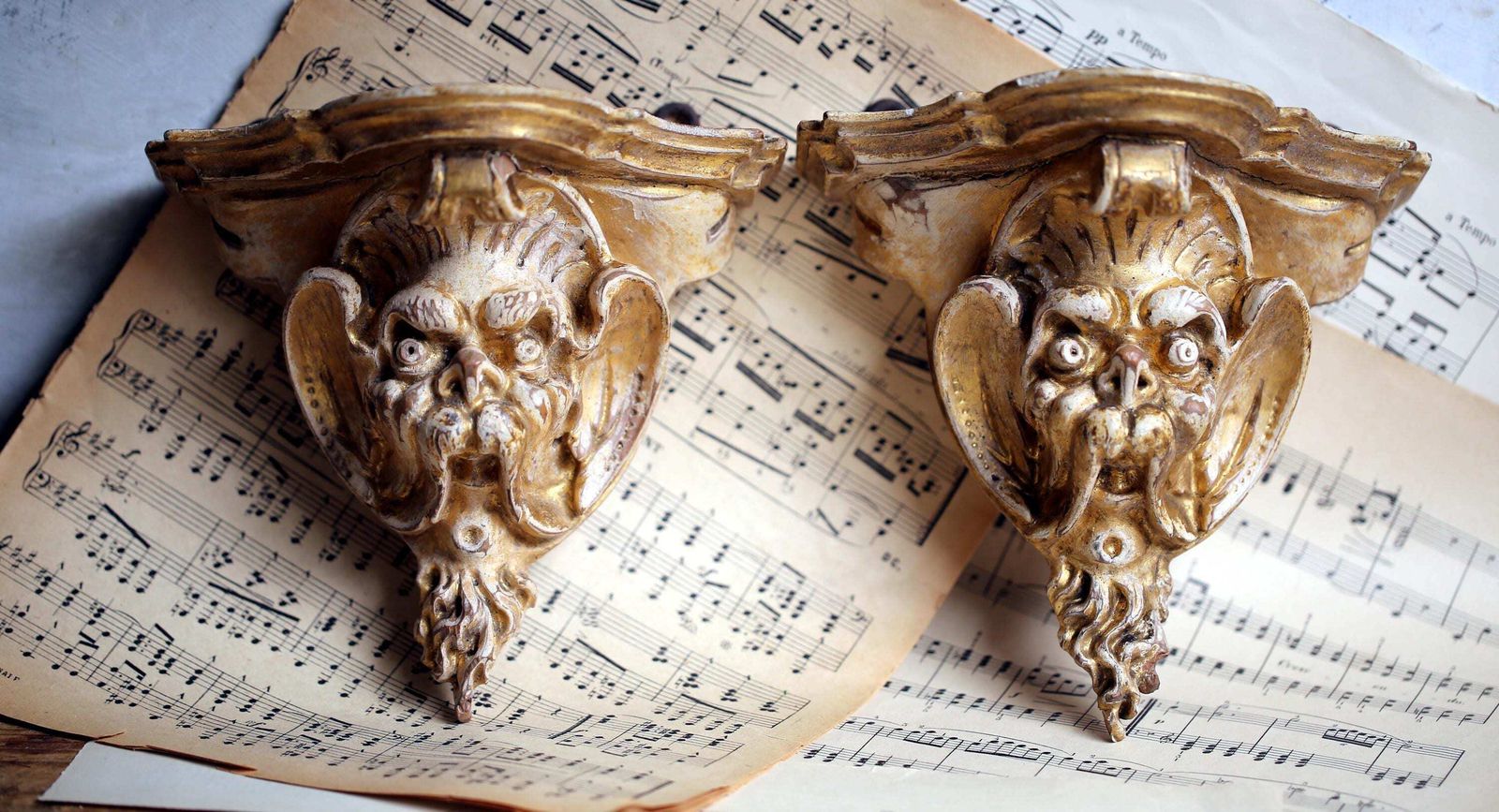Antique French Corbels: Renaissance Revival Grotesque Faces Carved Wood Wall Shelves