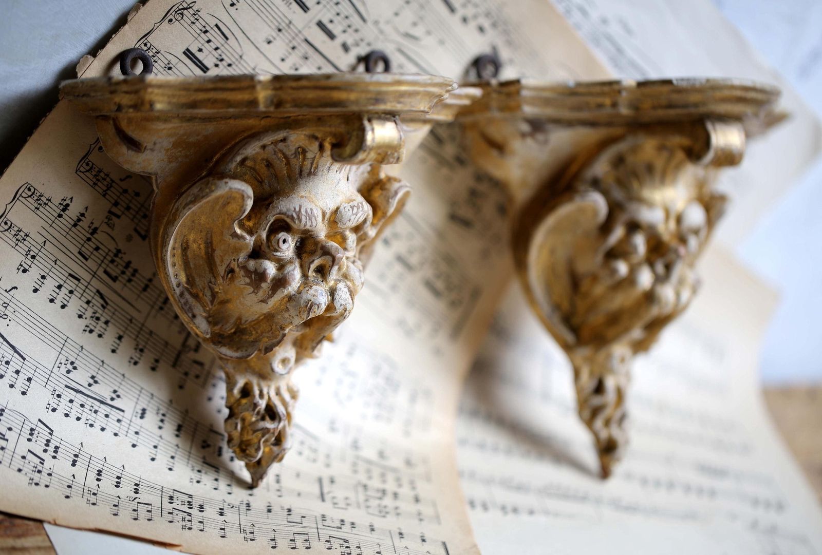 Antique French Corbels: Renaissance Revival Grotesque Faces Carved Wood Wall Shelves photo vinterior