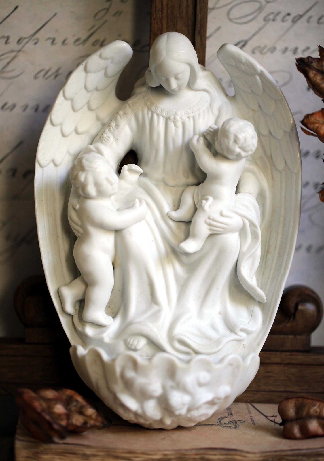 Antique French Porcelain Font Madonna & Jesus Christ Virgin Mary Benitier Statue Wall Hanging Religious Shrine photo furniture