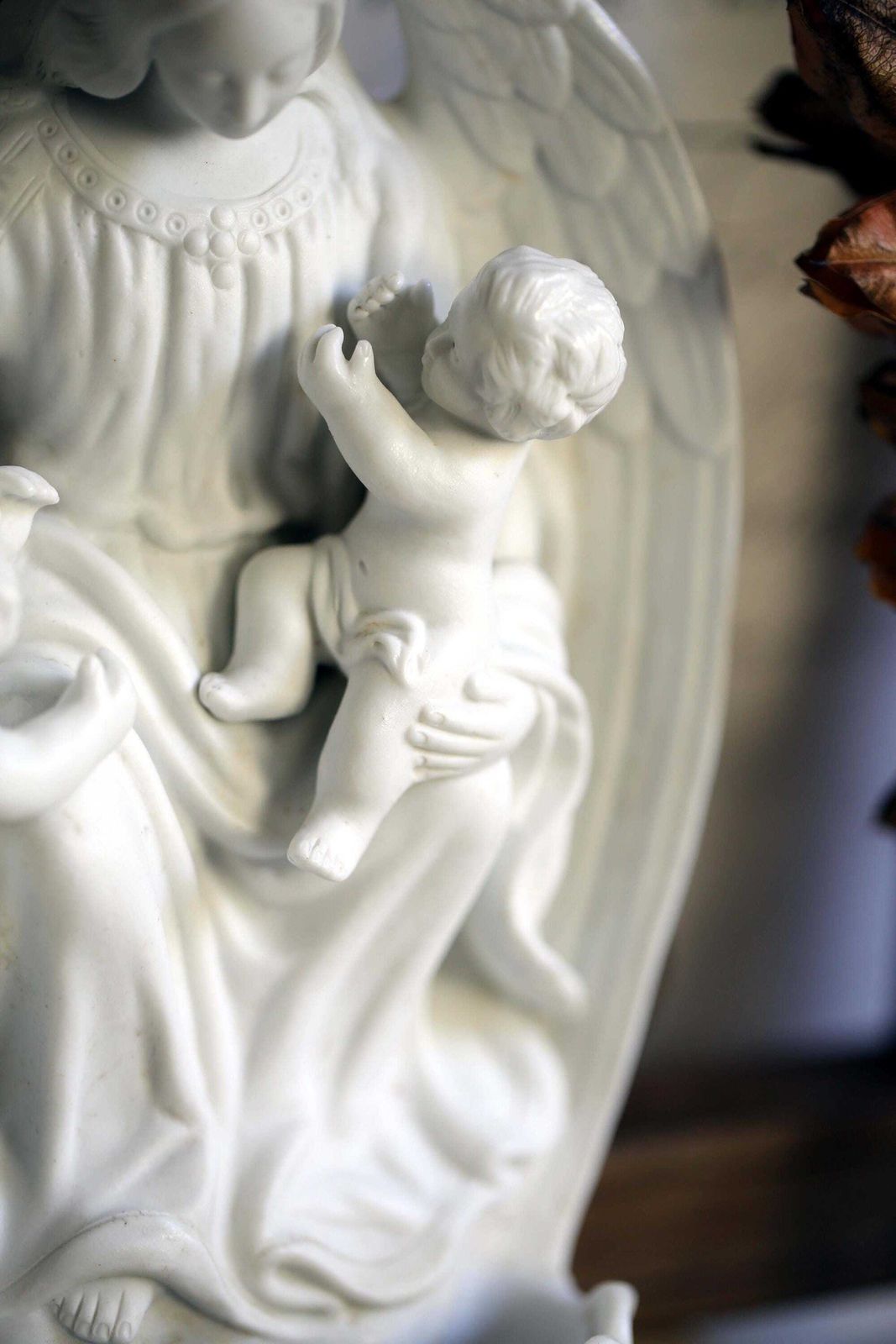 Antique French Porcelain Font Madonna & Jesus Christ Virgin Mary Benitier Statue Wall Hanging Religious Shrine photo Art