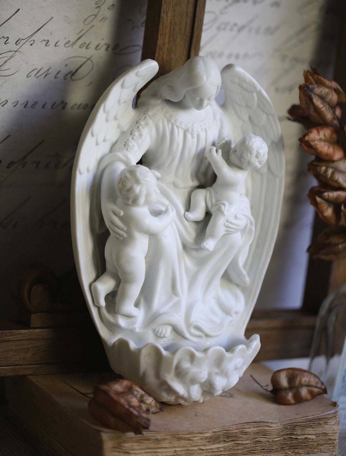 photo furniture Antique French Porcelain Font Madonna & Jesus Christ Virgin Mary Benitier Statue Wall Hanging Religious Shrine