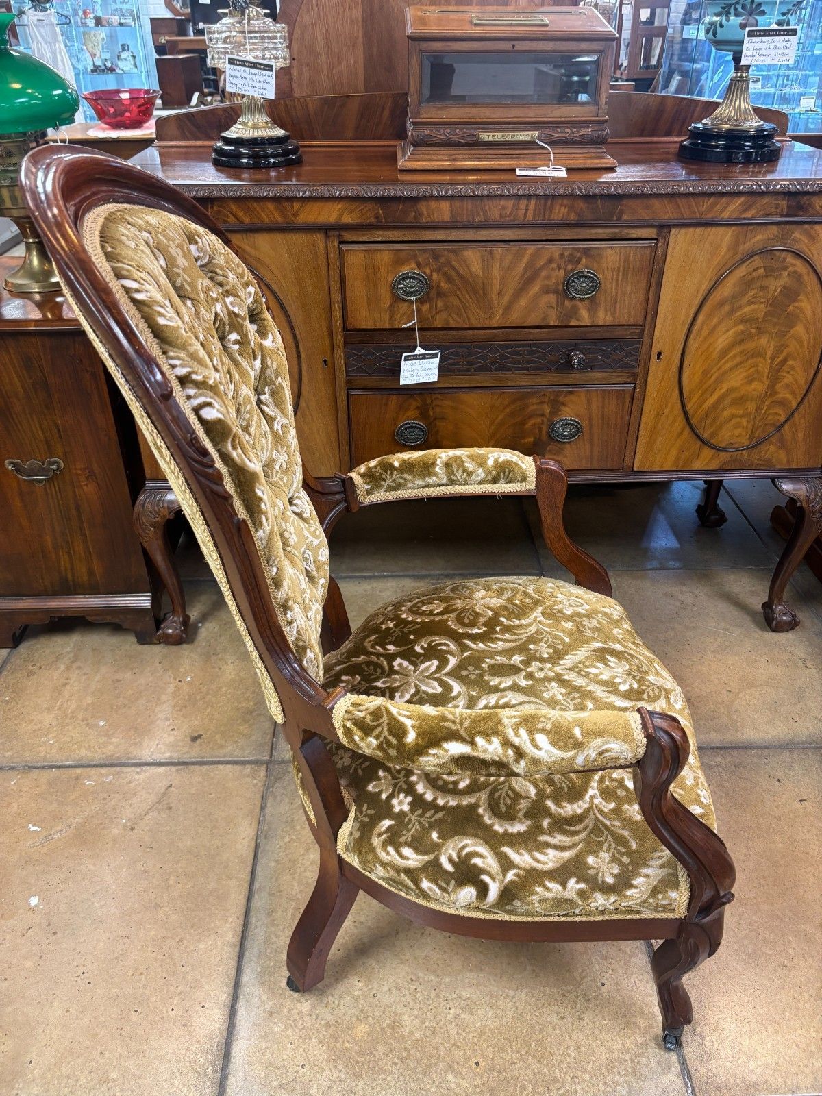 photo for sale Victorian Italian Style Mahogany Salon Chair With Upholstered Footstool