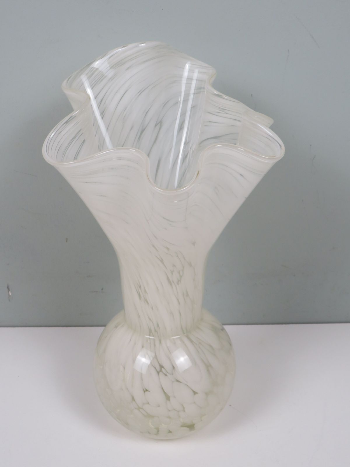 White Murano Glass Vase, Hand Blown Italian Art Glass With Sculptural Fluted Rim, 1970s photo furniture