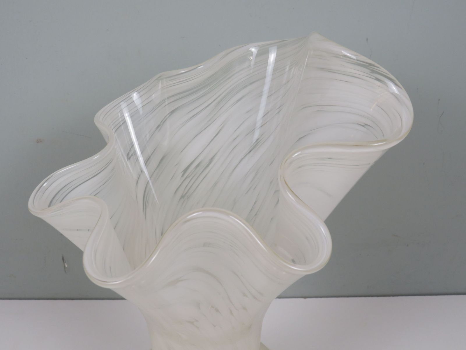 White Murano Glass Vase, Hand Blown Italian Art Glass With Sculptural Fluted Rim, 1970s photo for sale