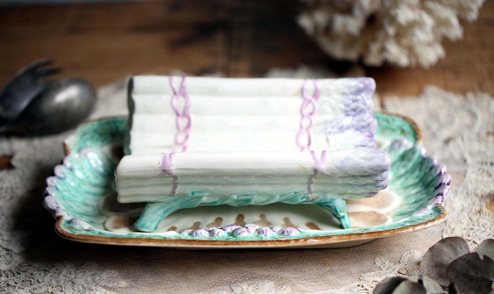 Antique Asparagus Set Drainer & Plate French Majolica Serving Platter Longchamp photo buy