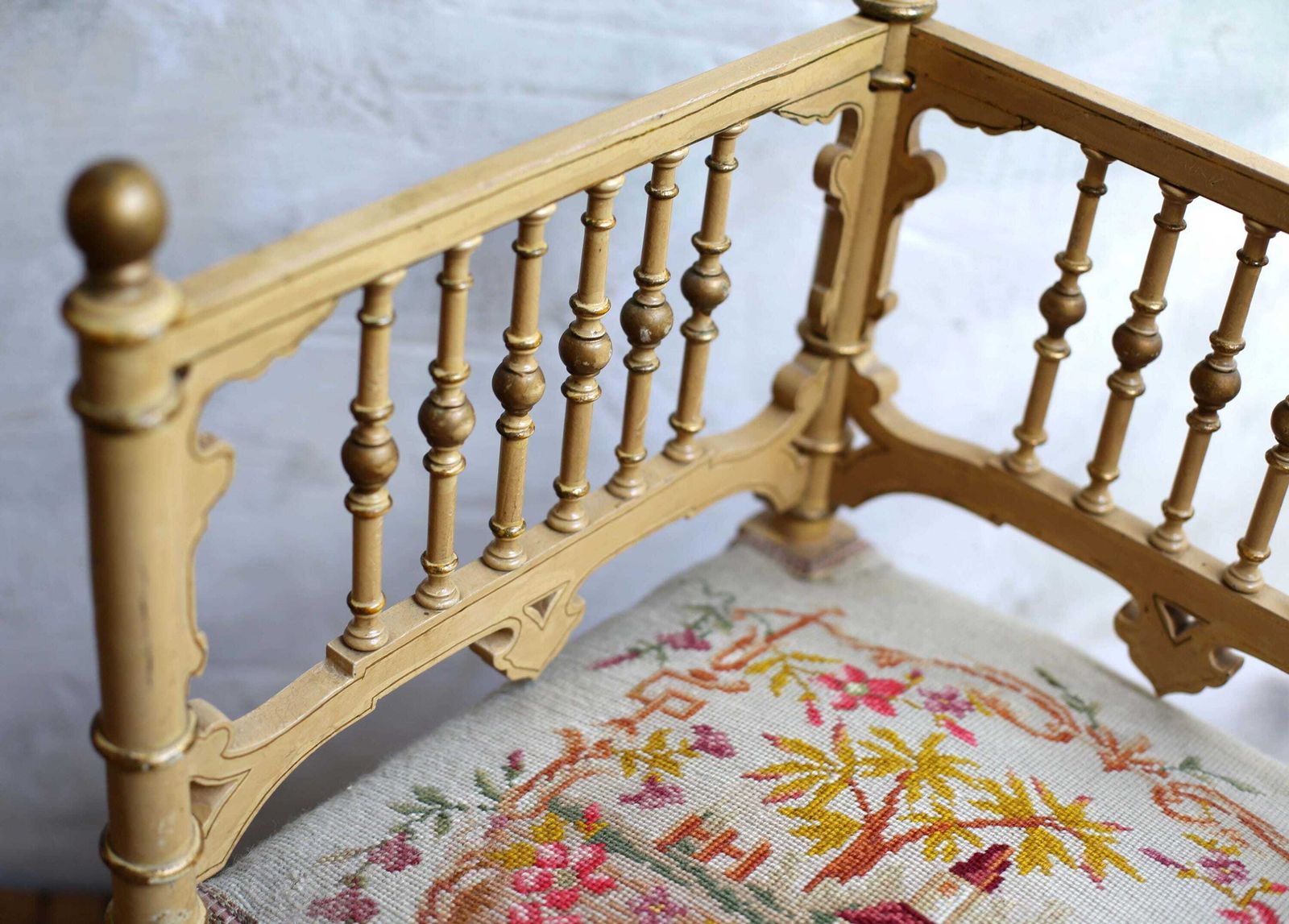 Antique French Corner Chair Small Embroidered Carved Seat photo vintage